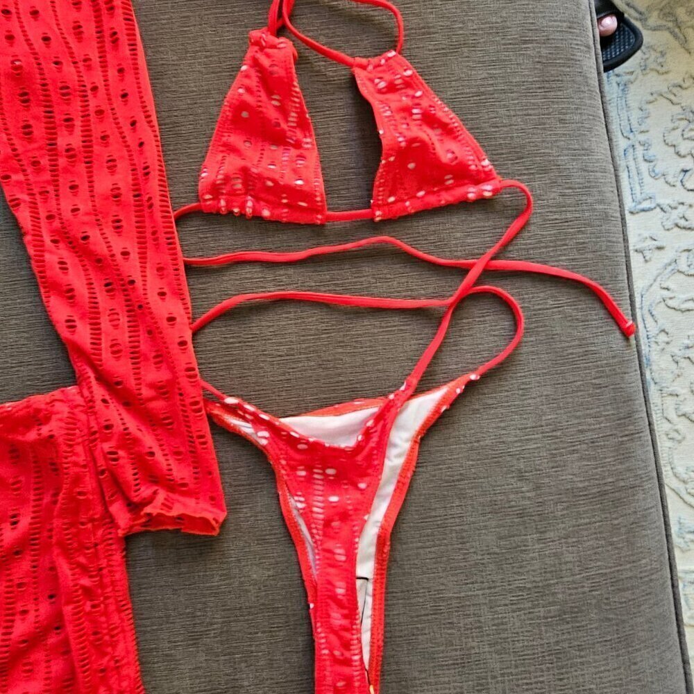 Red Sexy 4 Piece Triangle Bikini Top Thong Bottom Cover Up And Wrap Size Large - Picture 10 of 15